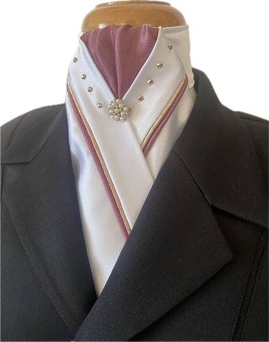 HHD White Satin Dressage Stock Tie in Grape & Rose Gold with Swarovski Elements