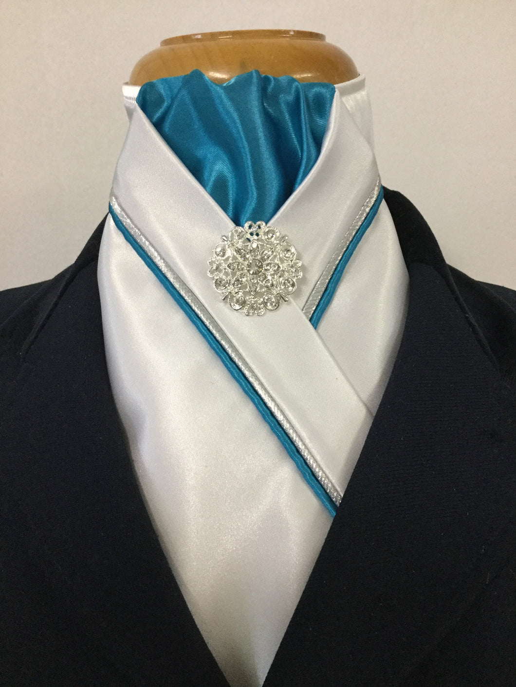 HHD White Satin Dressage Stock Tie Aqua & Silver