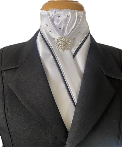 HHD White Dressage Equestrian Stock Tie Silver Black with Swarovski Crystals Other colours available