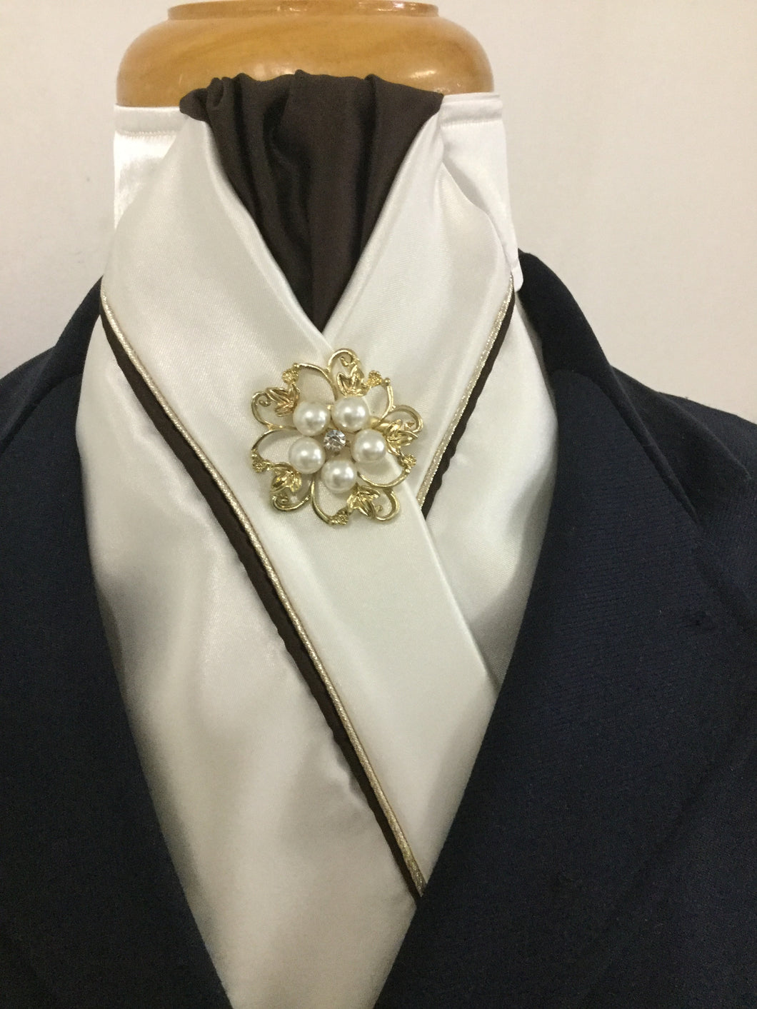 HHD Cream Satin Pretied Stock Tie Brown and Gold