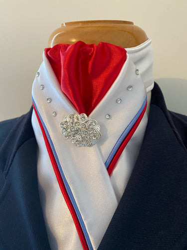 HHD White Satin Dressage Stock Tie Red & Cornflower Blue with Swarovski Elements