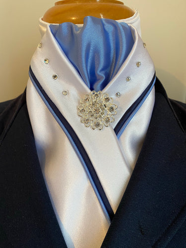 HHD Custom White Dressage Stock Tie in Cornflower Blue & Navy with Swarovski Elements