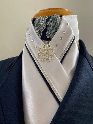 HHD White Satin Custom Stock Tie Navy Paisley & Silver with Swarovski Elements